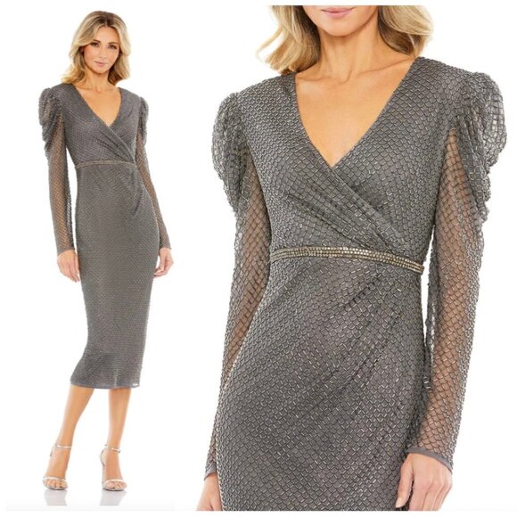 MAC DUGGAL Beaded Long Sleeve Sheath Dress in Charcoal Size US 6 - Picture 1 of 10